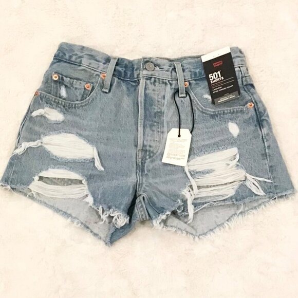 Levi’s 501 NWT 25 (0/1) Denim Women’s Jeans Shorts High Rise Cutoffs Distressed - Picture 4 of 10